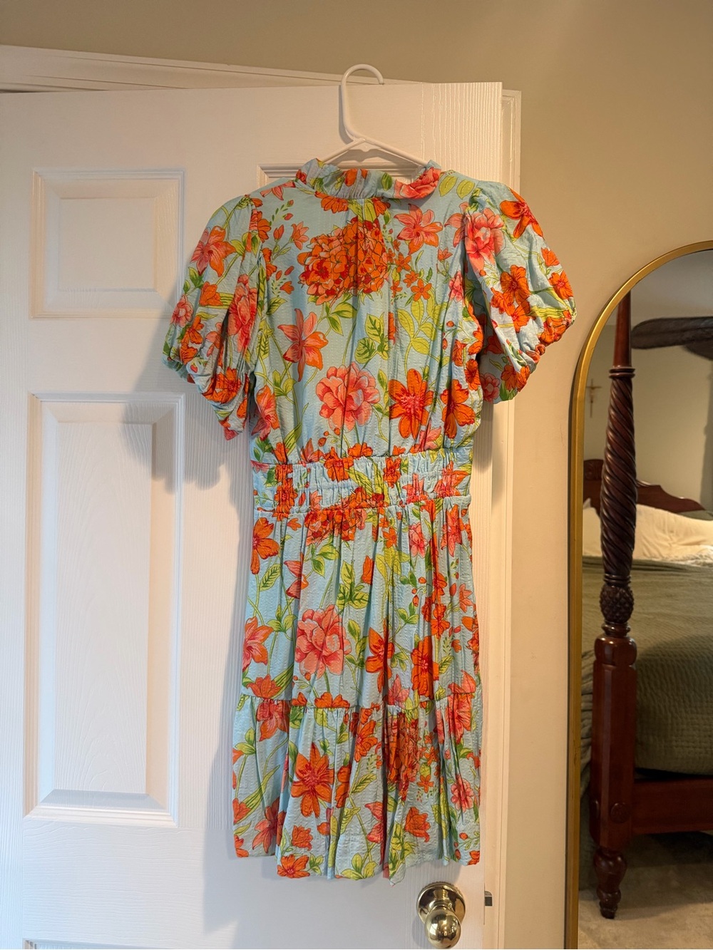 THML Aqua Floral Tiered Dress with Orange Blooms - Picture 2 of 4
